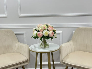 Modern Pink White Silk Peonies Arrangement In Glass Vase